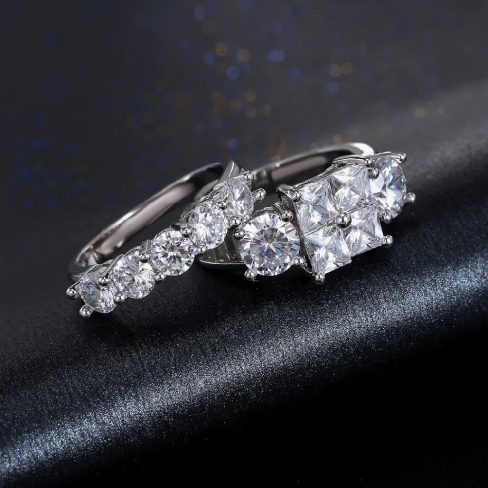 Princess AAA CZ 2pc Gold Plated/Rhodium Engagement Wedding Ring Set - Picture 2 of 5